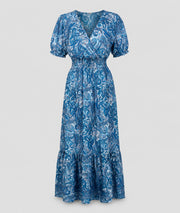 Robe Manon longue smockée imprimé paisley - bleu