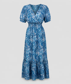 Robe Manon longue smockée imprimé paisley - bleu