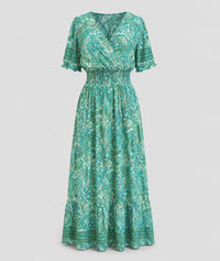 Robe Manon longue smockée imprimé paisley - vert