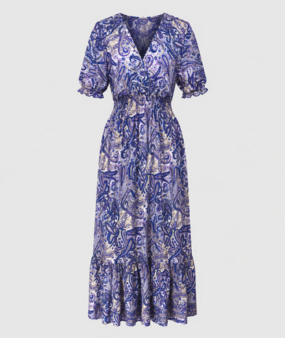 Robe Manon longue smockée imprimé paisley - violet