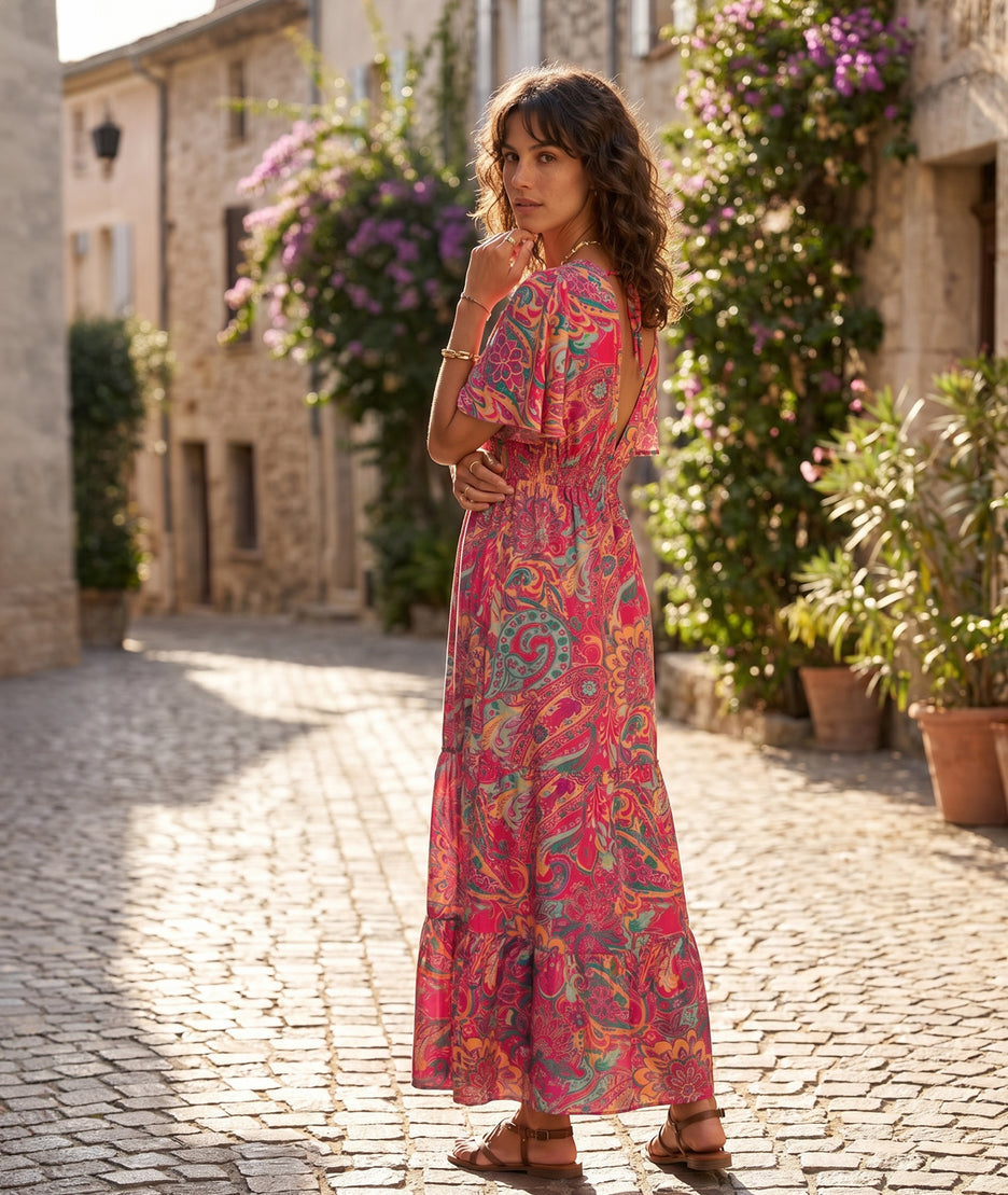 Robe Maurina fuchsia dos ouvert bretelles fines jupe ample volant — Carnaby