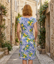 Robe Myrta mi-longue lin azulejos et citrons - bleu roi