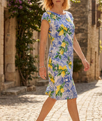 Robe Myrta mi-longue lin azulejos et citrons - bleu roi