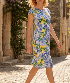 Robe Myrta mi-longue lin azulejos et citrons - bleu roi