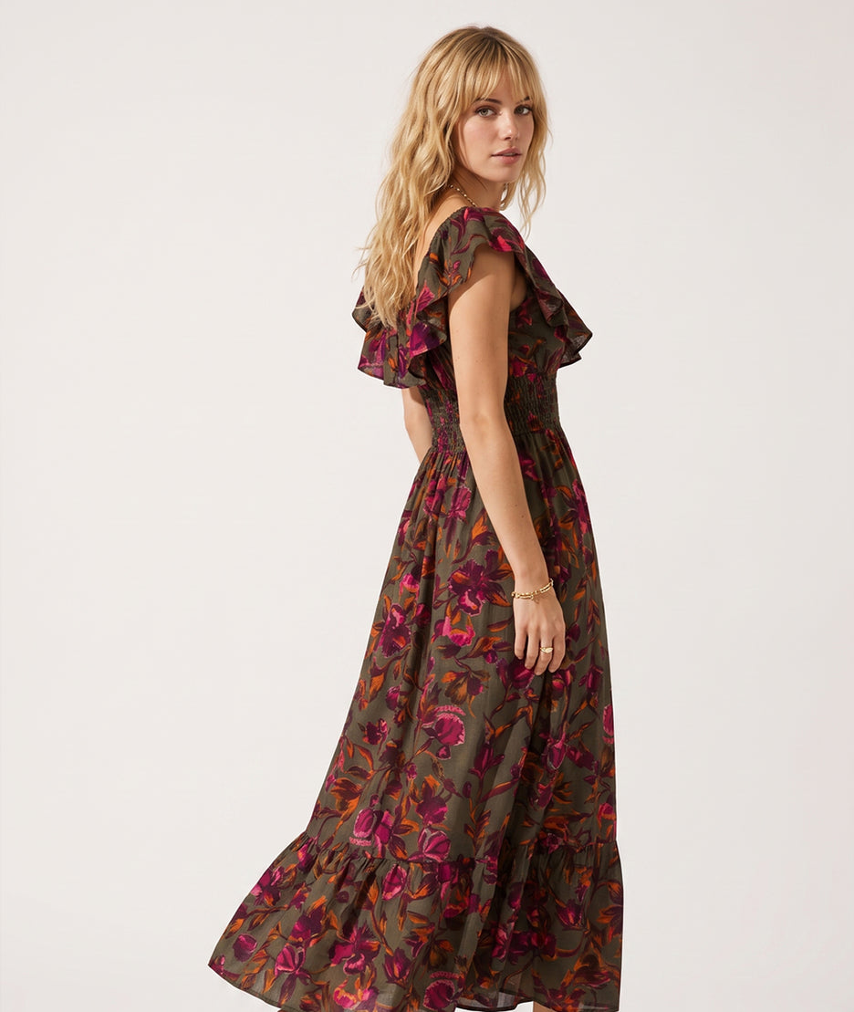 Robe Nelly kaki longue smockée à motif fleuri dos — marque Carnaby