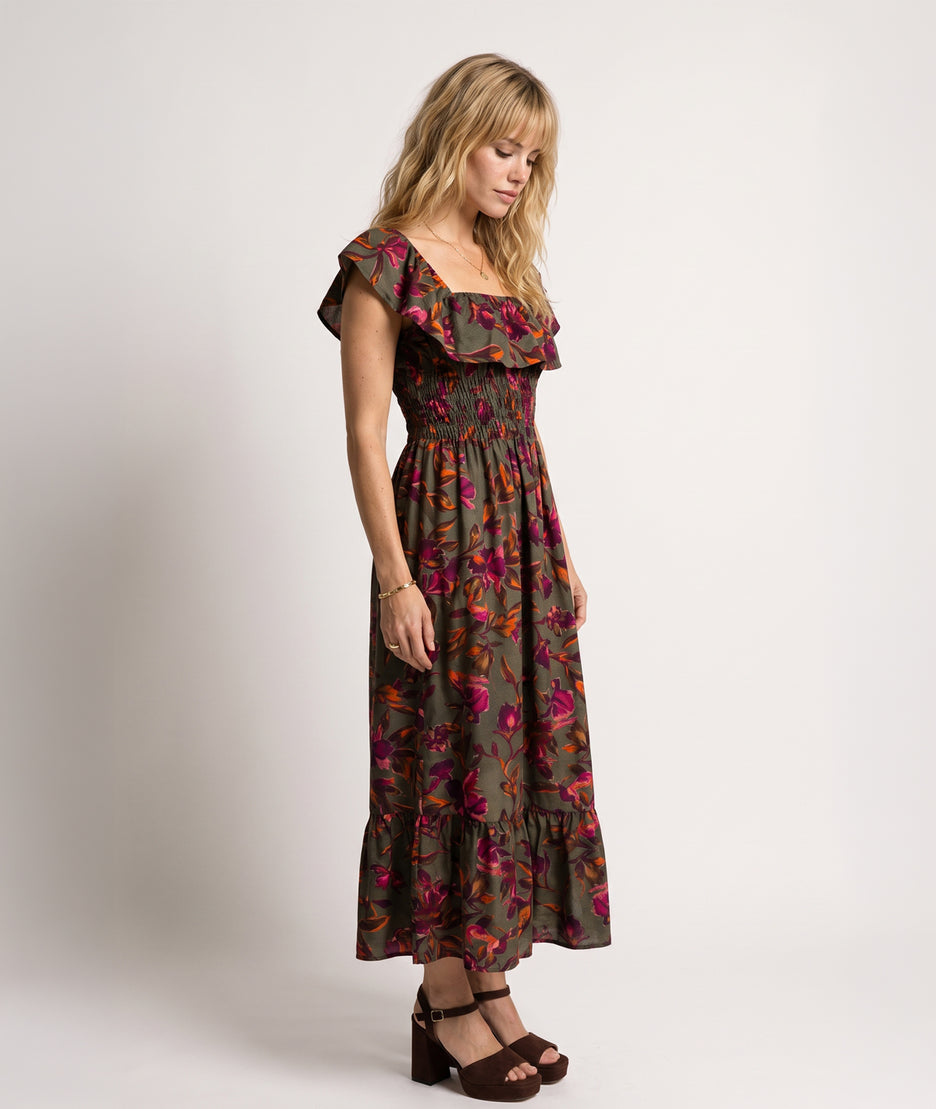 Robe Nelly kaki longue smockée à motif fleuri face — marque Carnaby