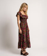 Robe Nelly kaki longue smockée à motif fleuri face — marque Carnaby