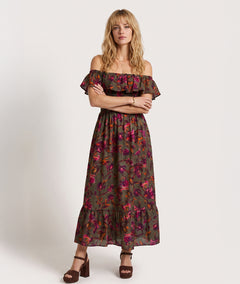 Robe Nelly kaki longue smockée à motif fleuri face — marque Carnaby