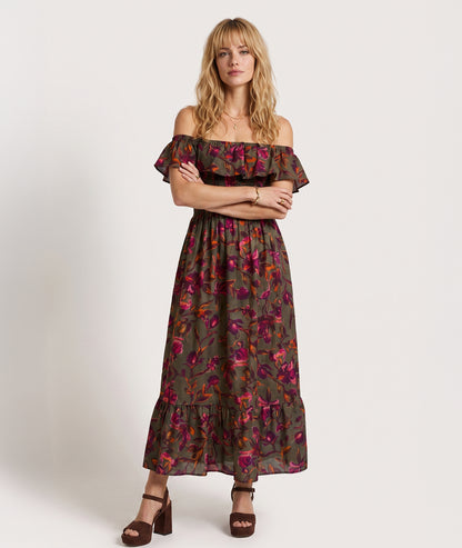 Robe Nelly kaki longue smockée à motif fleuri face — marque Carnaby
