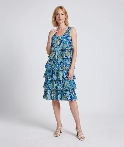 Robe midi Petra à volants imprimé feuillage - bleu