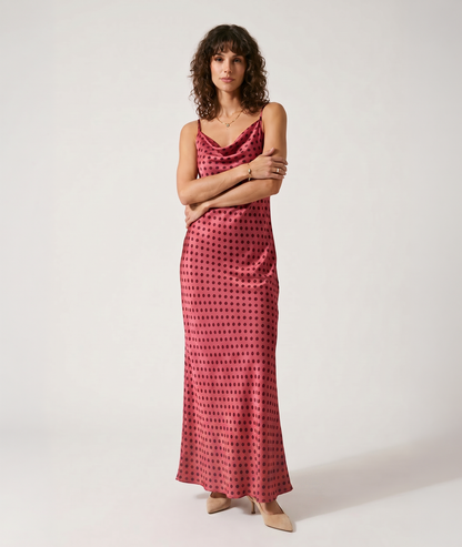 Robe Poina en satin à imprimé pois et col bénitier - bordeau