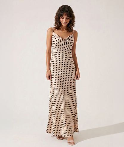 Robe Poina écru à pois noirs col bénitier face - Carnaby