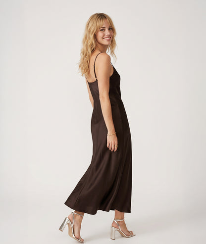 Robe longue Raso satinée col bénitier - choco