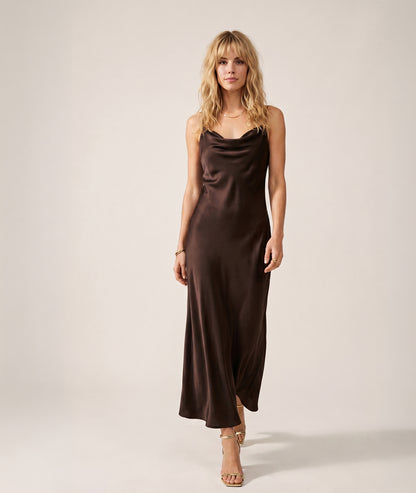 Robe longue Raso satinée col bénitier - choco