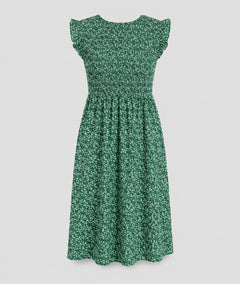 Robe Sinka vert courte smockée imprimé floral fond blanc - Carnaby