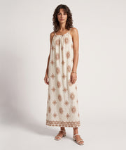 Robe Terry blanc/camel maxi médaillons brodés bretelles fines face - Carnaby