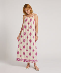 Robe Terry blanc-fushia maxi médaillons brodés bretelles fines face - Carnaby