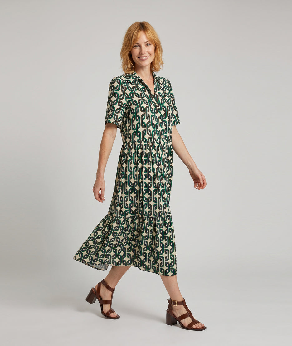Robe longue Vera verte à motifs avec col chemise — marque Carnaby