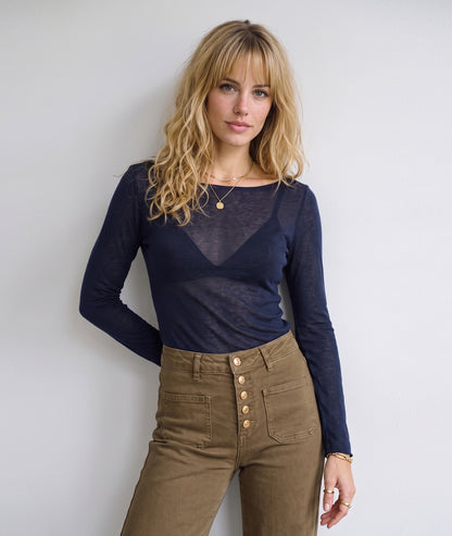 Pull transparent fin femme marine effet cachemire manches longues col rond
