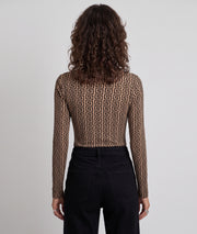 Body en résille femme taupe Hermine à motifs géométriques velours et manches longues