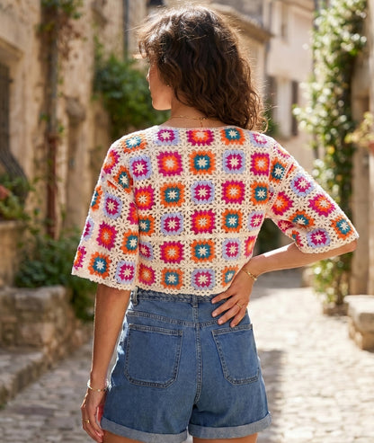Top Luna multicolore crochet patchwork manches mi-longues festonnées dos — Carnaby