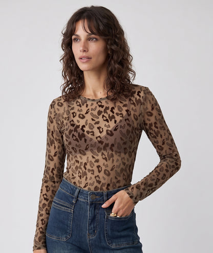 T-shirt en résille femme Lynda choco à motif léopard vue de face