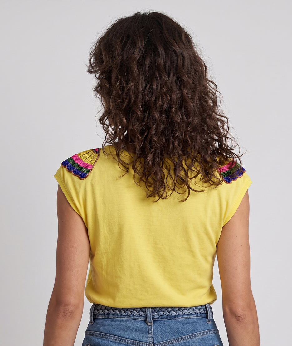 T-shirt Seaside jaune avec perles aux épaules dos — marque Carnaby