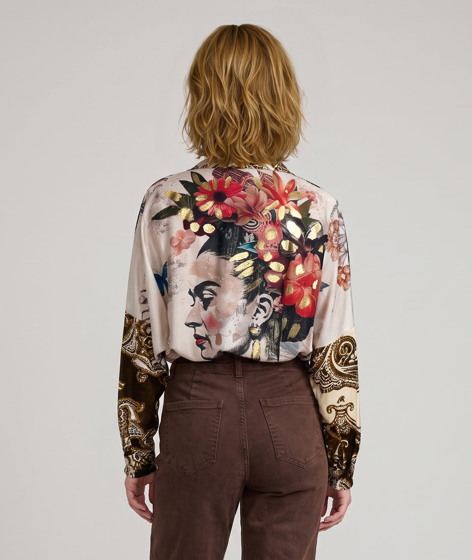 Blouse femme ample Baroka choco à motif cachemire et manches longues