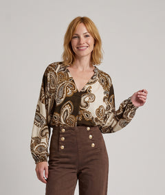 Blouse femme ample Baroka choco à motif cachemire et manches longues