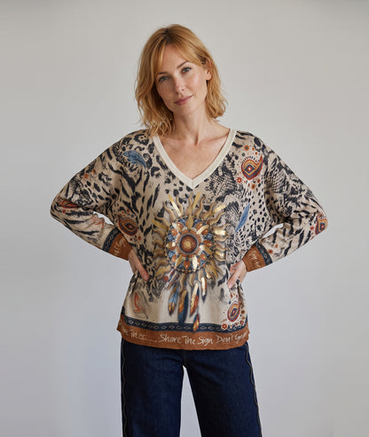Pull Dia beige pailleté à motif fantaisie — marque Carnaby