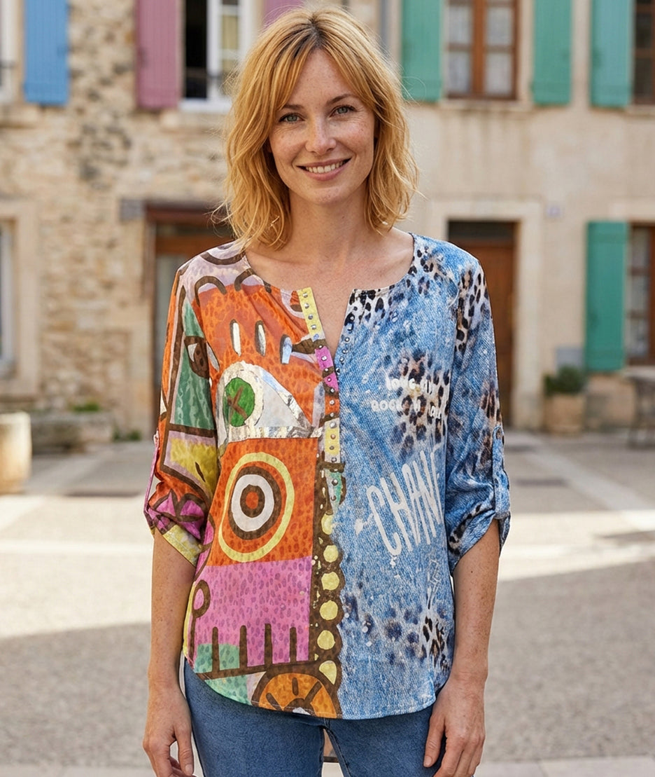 Tunique fluide à motifs patchwork coloré face avant - multi