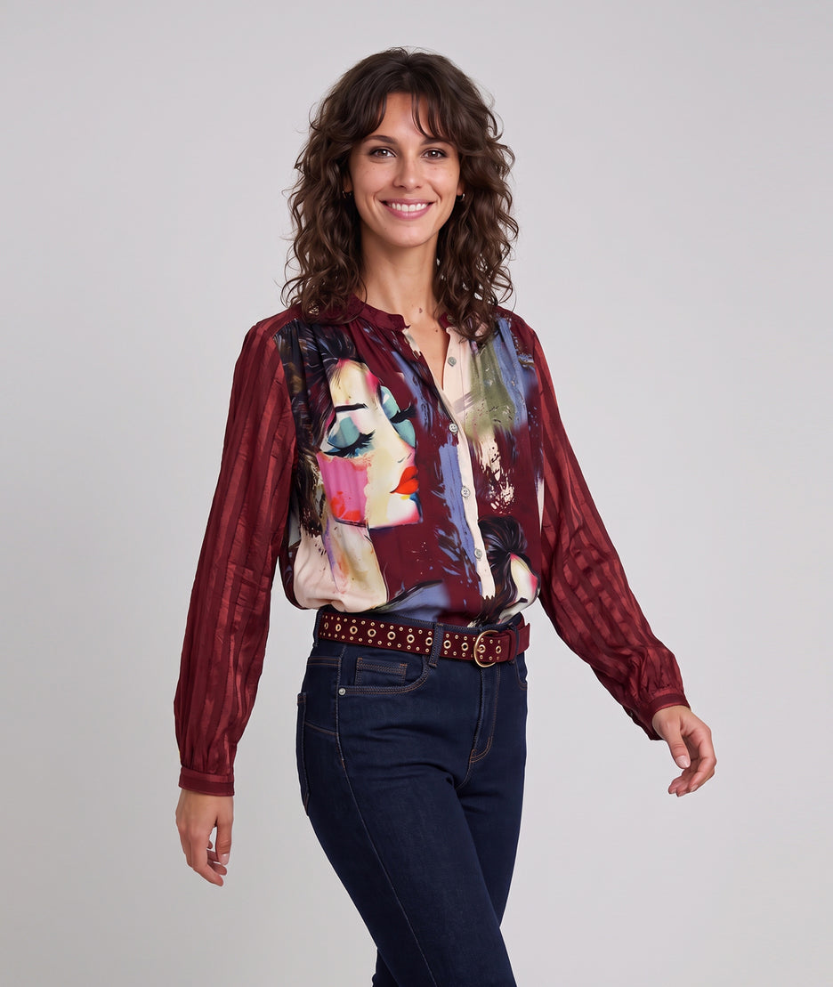 Chemise à motifs Matis bordeau femme avec visages colorés, col mao et manches longues