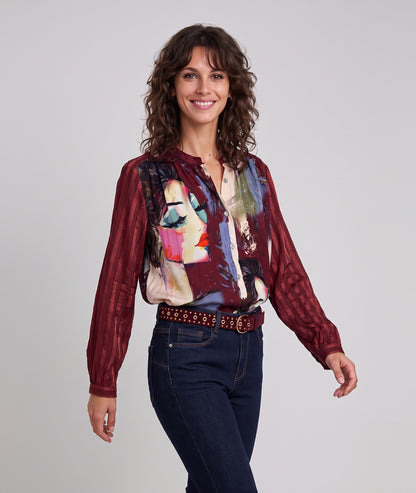 Chemise à motifs Matis bordeau femme avec visages colorés, col mao et manches longues
