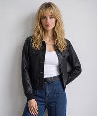 Veste courte en simili-cuir noir à col chemise - noir