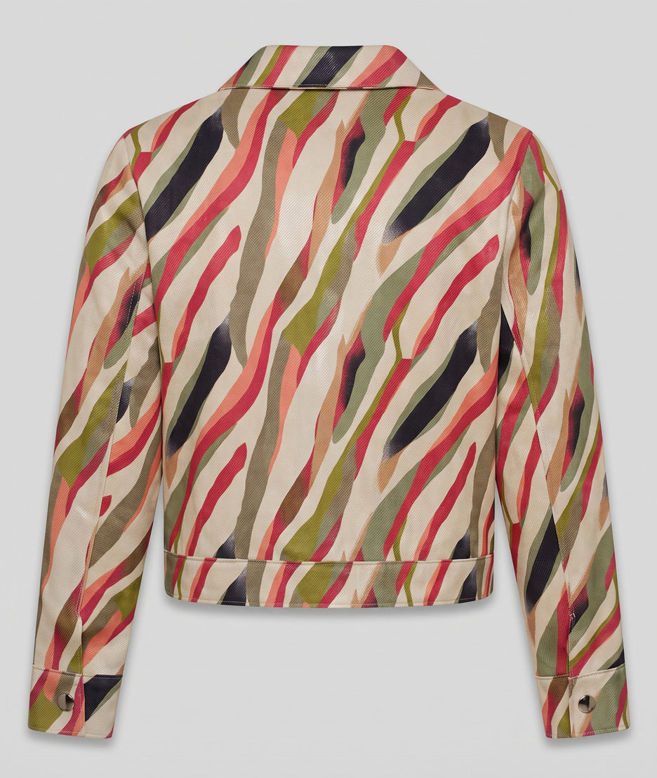 Veste courte femme Kelly beige à motifs colorés effet ciré et poches à rabat