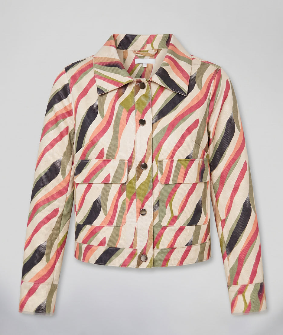 Veste courte femme Kelly beige à motifs colorés effet ciré et poches à rabat