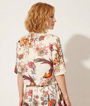 Veste Corinne écru boxy manches 3/4 couture centrale dos imprimé jardin exotique - Carnaby