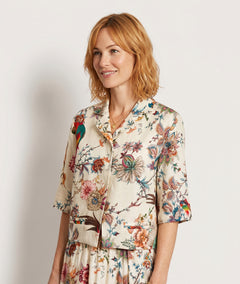Veste Corinne écru courte col tailleur imprimé fleurs oiseaux face - Carnaby