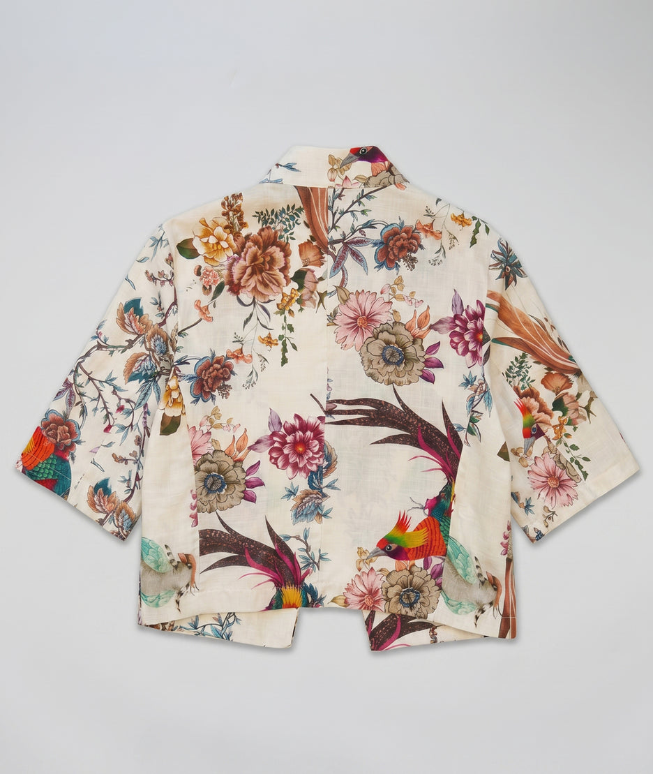 Veste Corinne écru boxy manches 3/4 couture centrale dos imprimé jardin exotique fond blanc face arrière - Carnaby