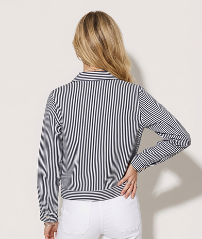 Veste courte femme Diana à rayures bleu et blanc avec broderie fleurs - marine