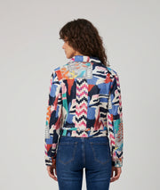 Veste courte femme Kelly bleu à motifs colorés effet ciré et poches à rabat