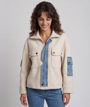 Veste bi-matière femme Maria beige en maille et denim bleu clair