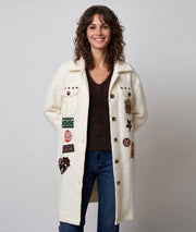 Veste longue Mykonos écru avec patchs fantaisie femme