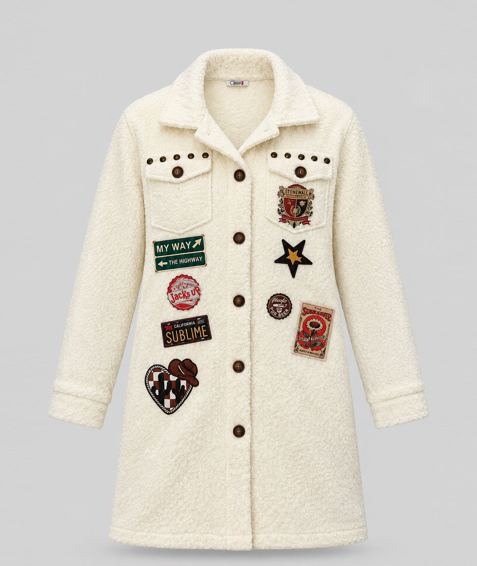 Veste longue Mykonos écru avec patchs fantaisie femme