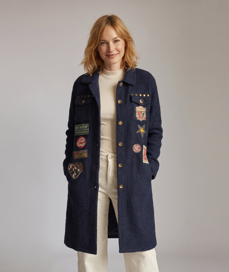 Veste longue Mykonos marine avec patchs fantaisie femme