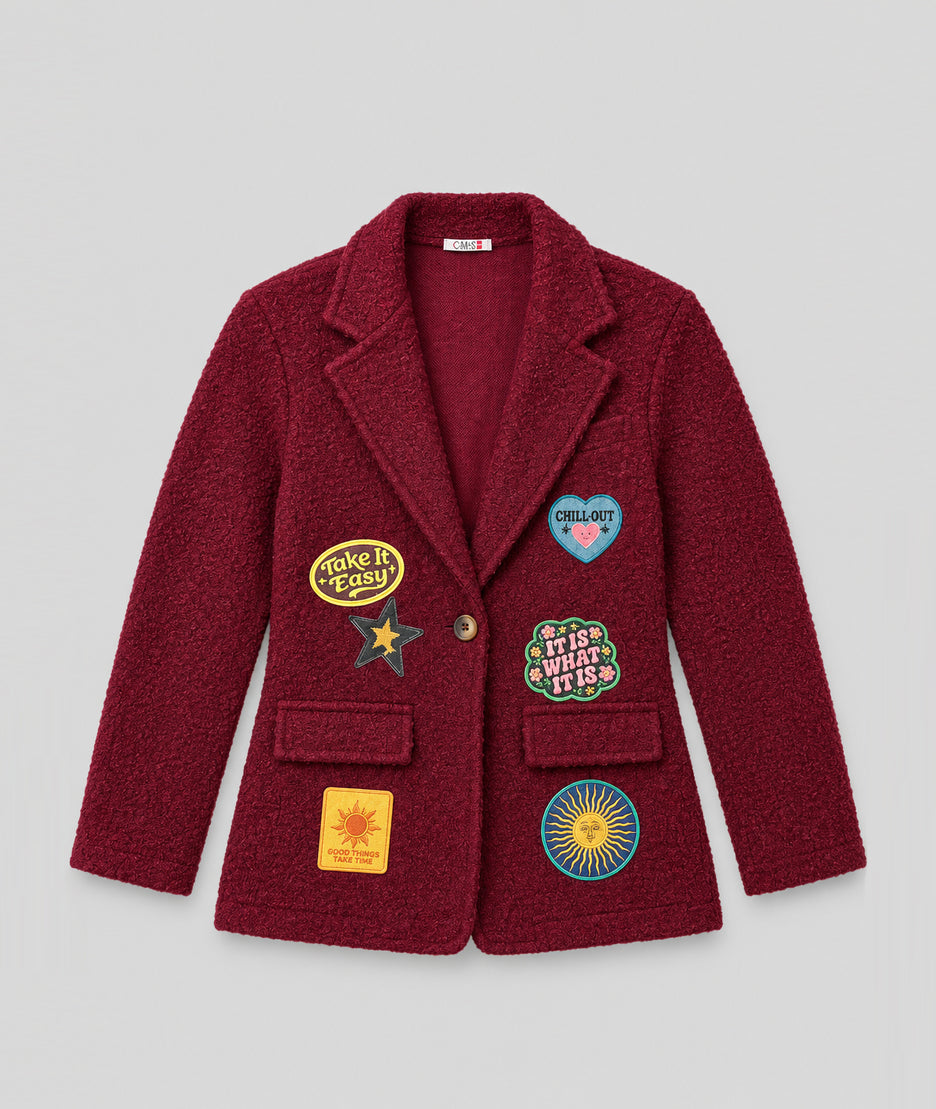 Veste blazer Narnia bordeaux en laine bouclée avec patchs femme