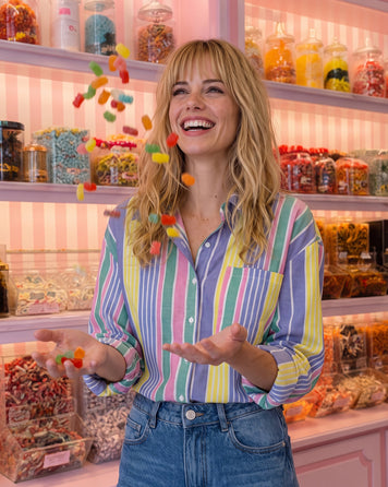 Chemise Raymu multicolore à rayures portée de face — look quotidien Carnaby