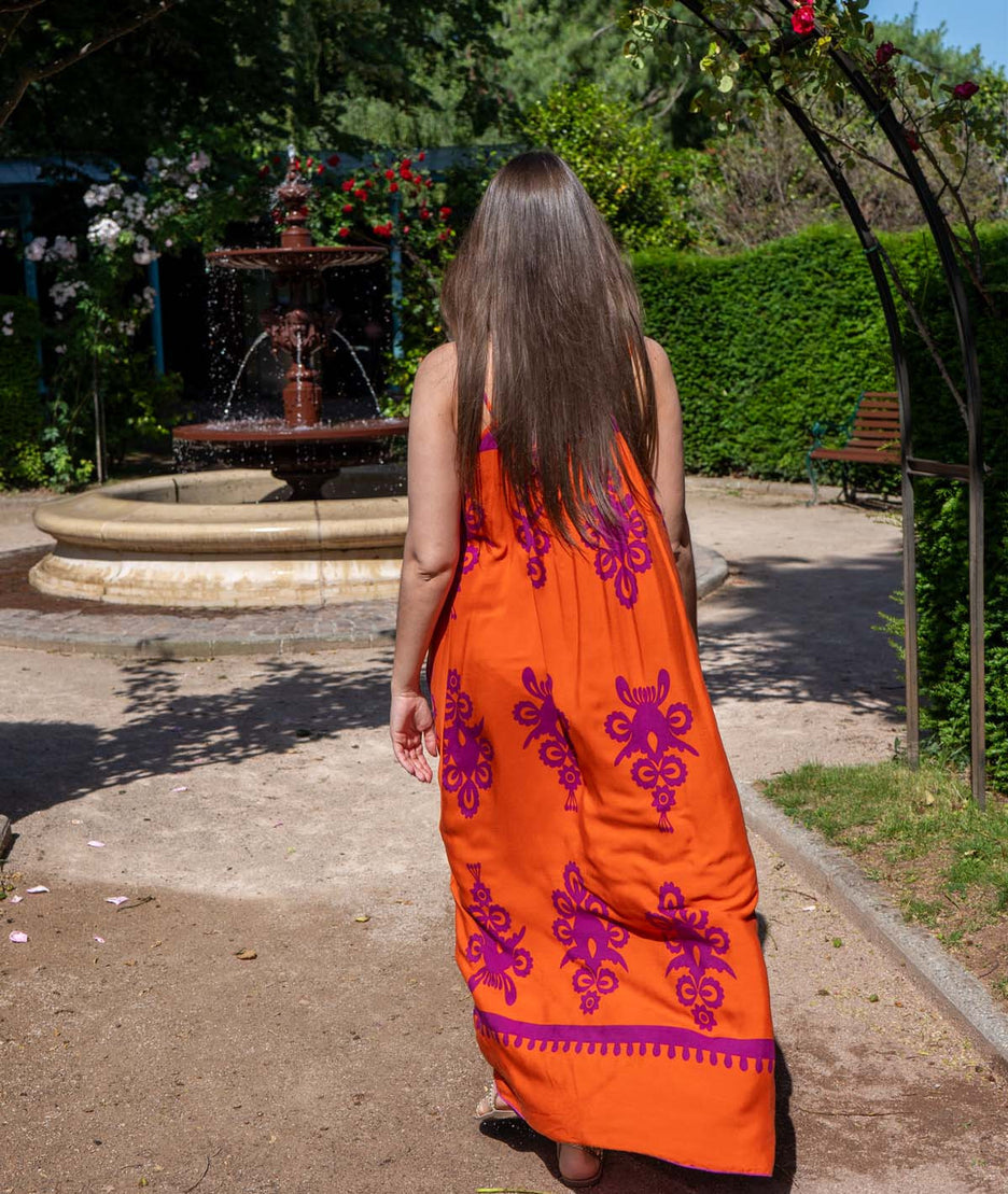 Robe fluide à motifs Drin orange face arrière