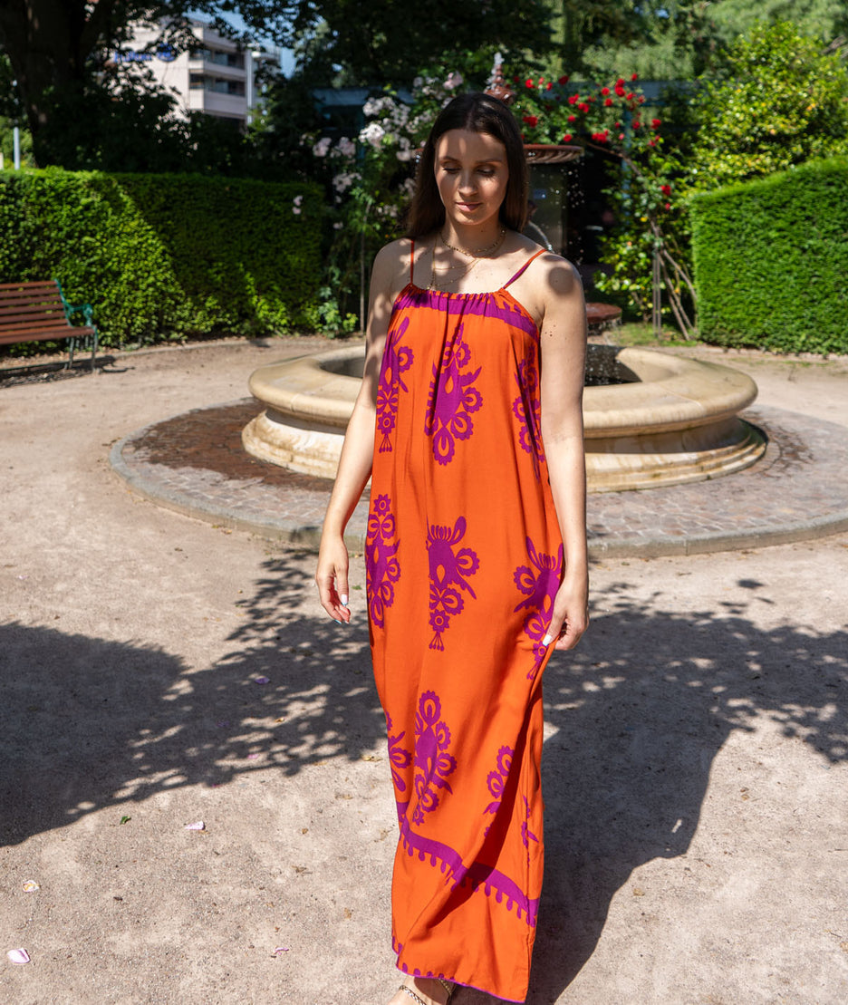 Robe fluide à motifs Drin orange face avant 2