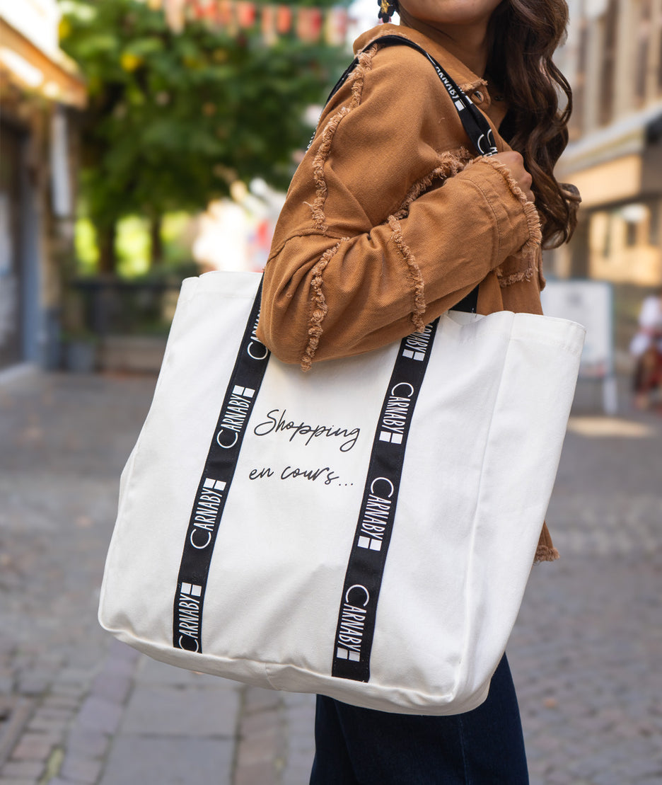Tote Bag blanc 100% coton avec inscription "shopping en cours" cote